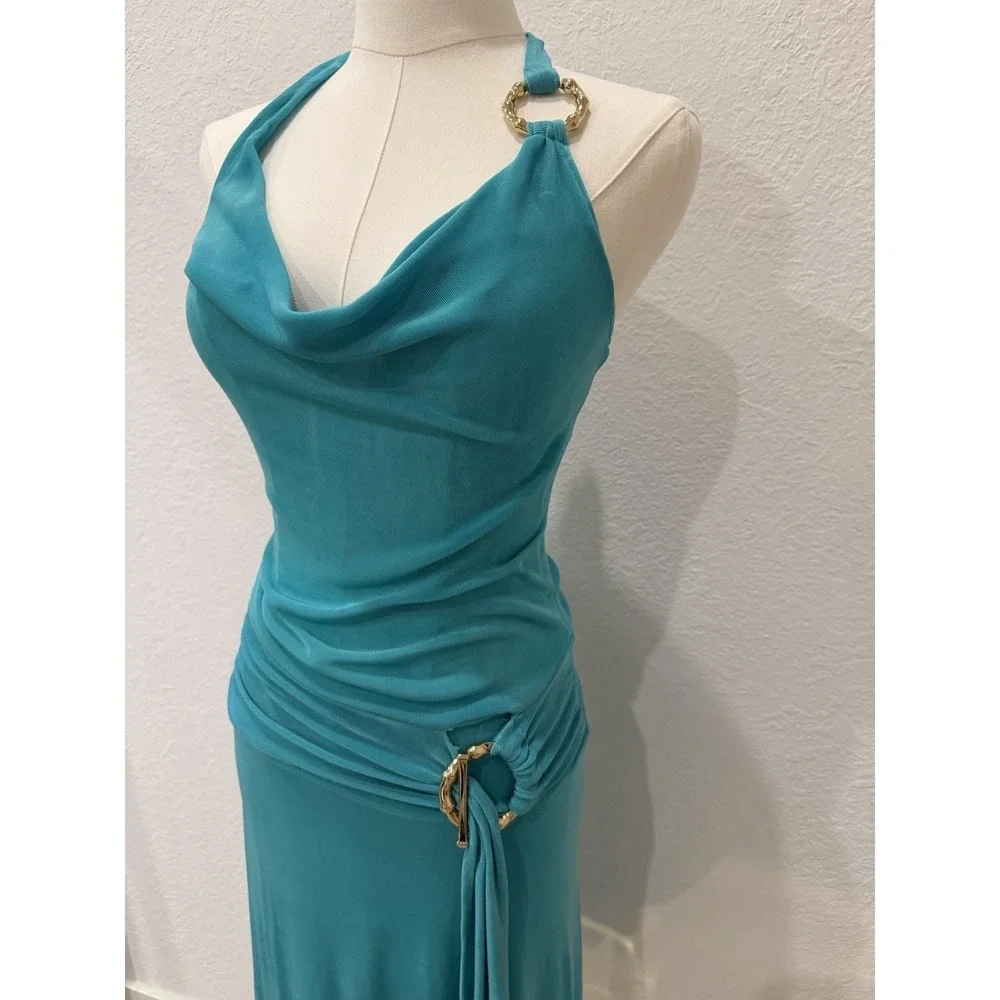 VTG Cacique Aqua Halter Dress XS Cowl Neck Gold Ring Detail Y2K Going Out 2000's - Picture 4 of 12